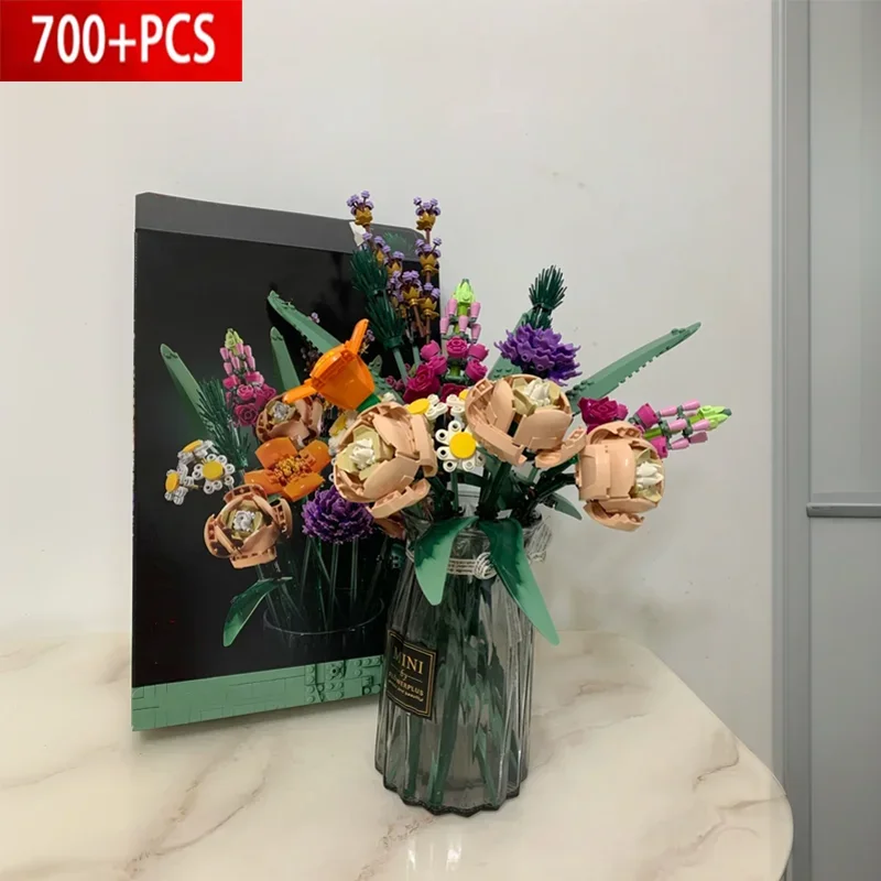 New 700+PCS Eternal Flowers Rose Bouquet Building Blocks Plant Model Creative Desktop Decorations Adult Romantic Gifts DIY Toys