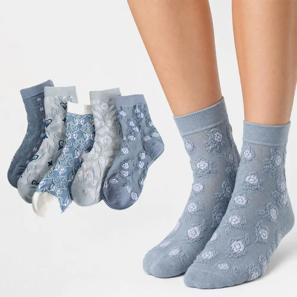 5 Pairs Fresh Blue Floral Print Crew Socks Breathable Soft Ankle Socks Cotton Elastic Cuff Mid Calf Socks Daily Wear