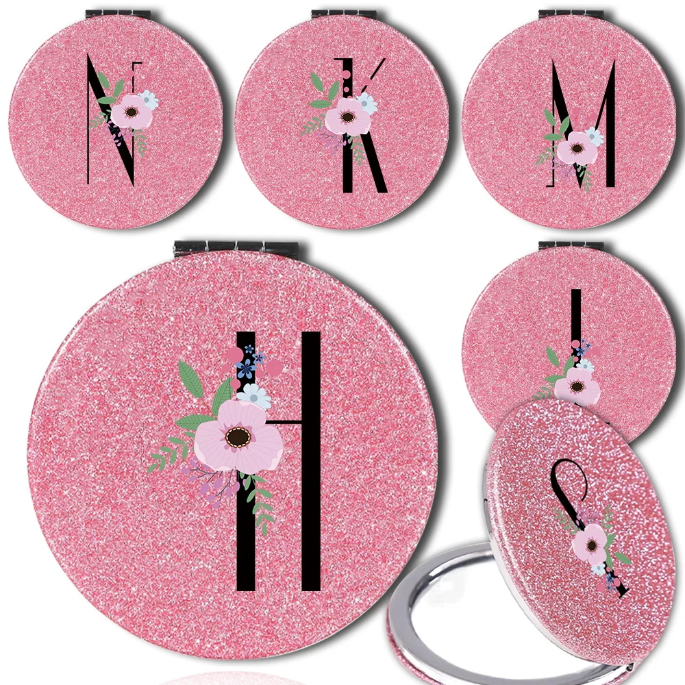 Double Sided Metal Shiny Makeup Mirror Round Facial Care Tool Handheld Foldable Durable Mirror Flower and Black Pattern