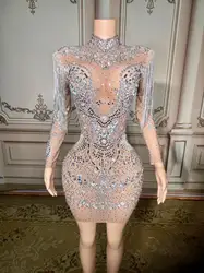 Luxurious Full Rhinestones Short Dress for Women Evening Prom Celebrate Dress Sexy Mesh Transparent Singer Show Stage Wear