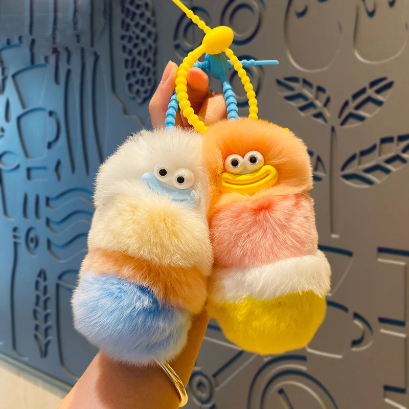 Cute Plush Ugly Rex Rabbit Fur Caterpillar Animal Keys Chain Four Colors Mix Cross-eye Sausage Mouth Caterpillar Doll Keychain