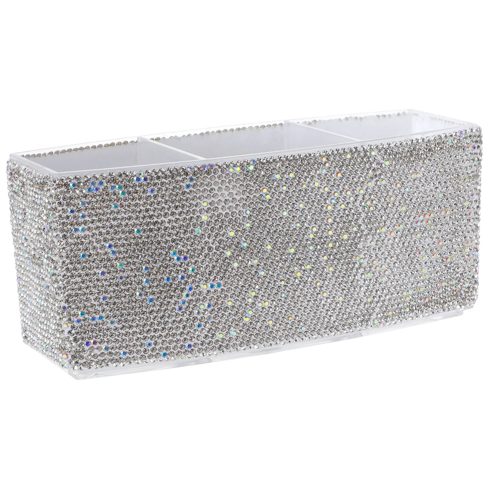 

Bling Makeup Brush 3 Compartments Luxury Organizer Vanity Storage For Teen Girls Office Desk Cup Holder Rhinestone