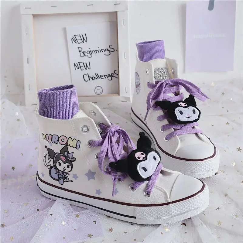 

Kuromi New High Top Hand-painted Explosive Purple Graffiti Cute Womens Shoes Flat Student Canvas Shoes Kawaii Sneakers Women