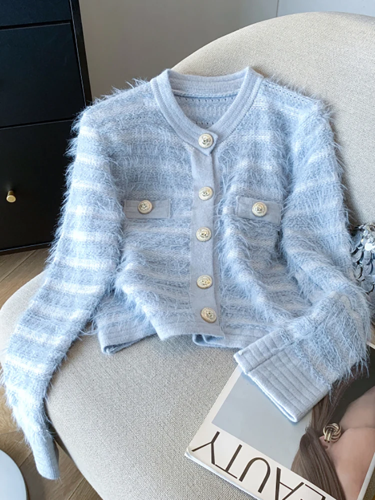 

Ele Knitted Furry Sweater Spring Autumn Women's Outerwear Coat Button Sle Long Sve Commute Faion Chinese Brand