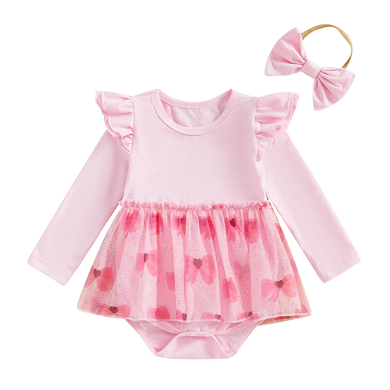 

Baby Girl 2Pcs Fall Outfits Long Sleeve Bow Print Romper Tulle Dress with Headband Set Infant Clothes