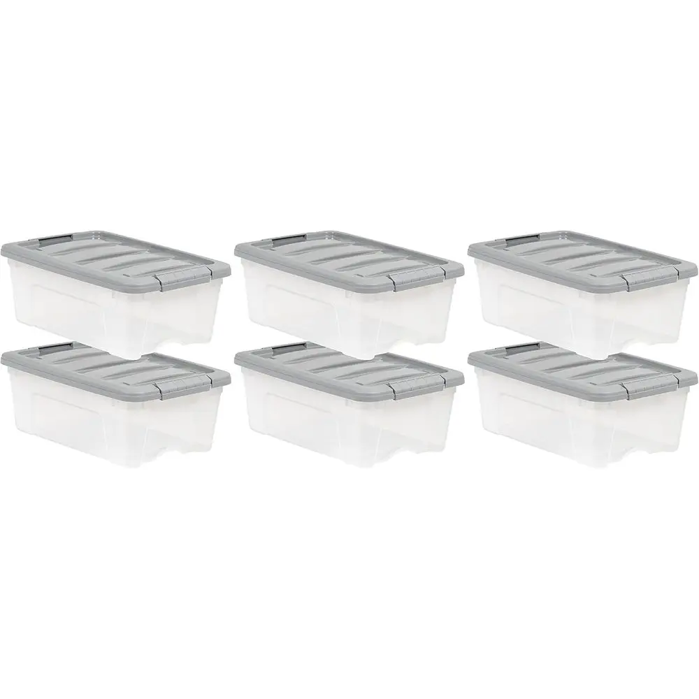 

Plastic Storage Containers with Secure Latching Lids, Stackable Organization Bins, Clear/Grey, 12 Quart, Set of 6