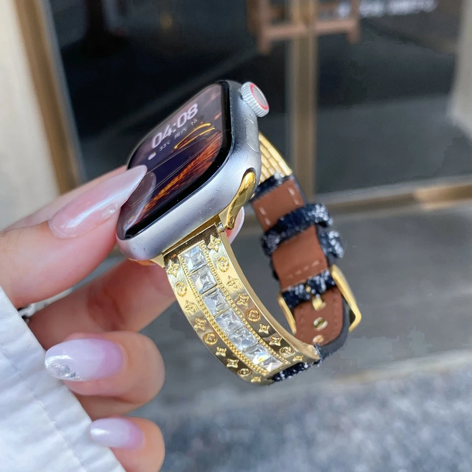 سوار فاخر بنقشة مميزة لساعة Apple Watch 38 مم 40 مم 41 مم 42 مم 44 مم 45 مم 46 مم 49 مم، سوار Iwatch Series 10 9 8 7 6 5 4 3 2 SE مصنوع من جلد الدنيم فائق النحافة