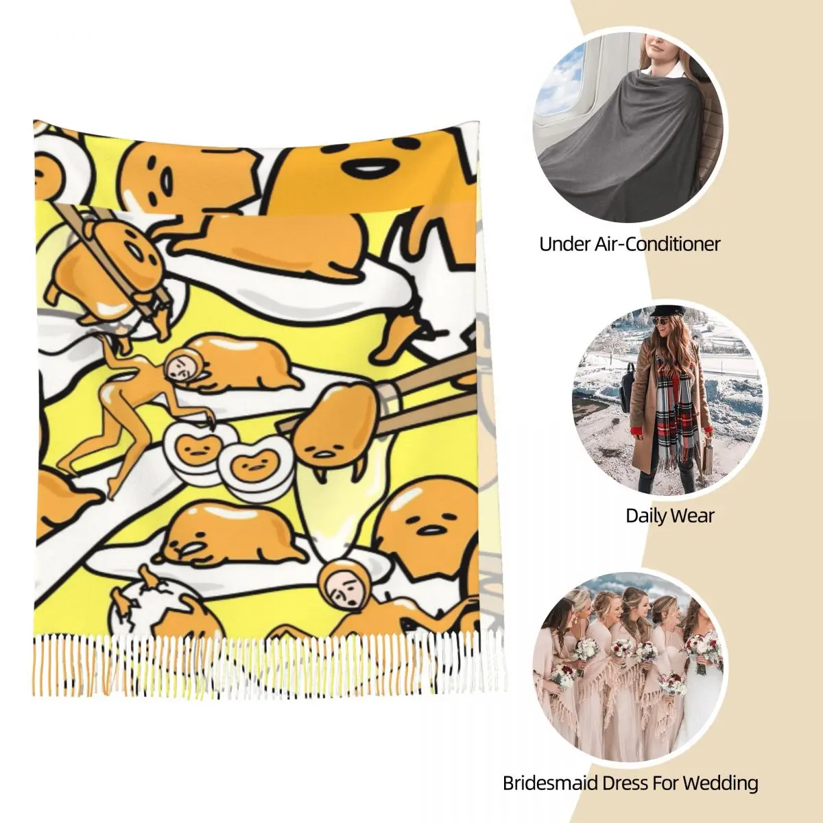 Gudetama Bufanda linda de dibujos animados de huevo para mujer Otoño Invierno Chales de cachemira y abrigo Mantón largo Bufanda ligera