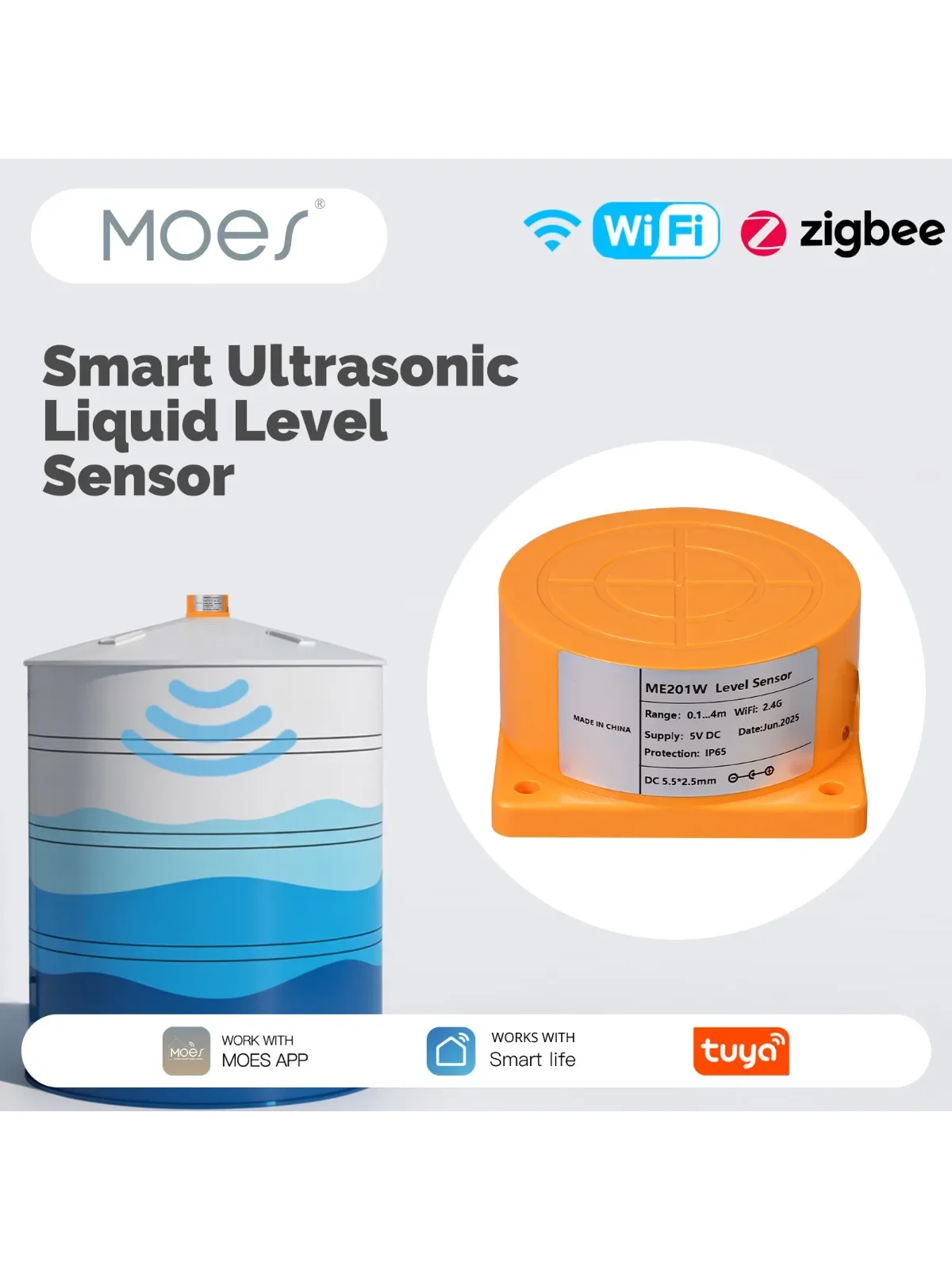 MOES Tuya WiFi/ZigBee slimme waterniveausensor met APP-alarmwaarschuwing, ultrasone tankmonitor, externe detector - afbeelding 2
