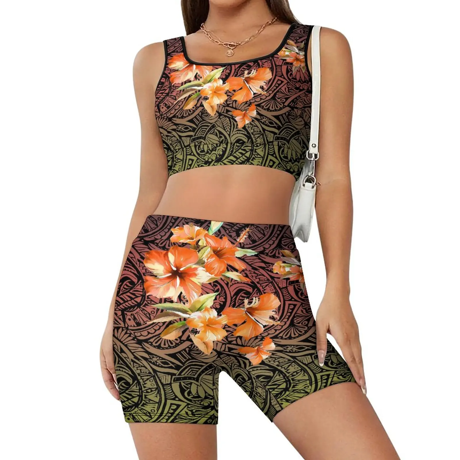 Vintage Print Custom Women'S Tracksuit Sexy Sleeveless Vest High-Waisted Shorts Polynesian Women'S Summer Yoga Suit