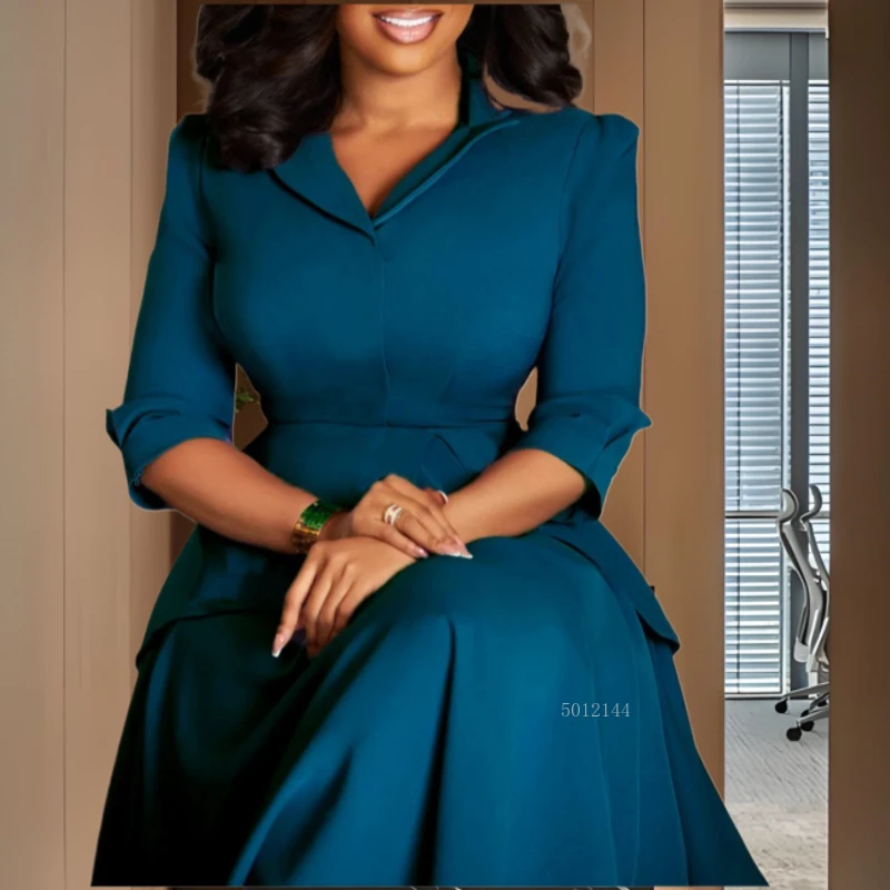 

Африканские платья Dashiki для женщин, элегантное африканское платье из полиэстера с рукавами 3/4, v-образным вырезом, однотонное платье миди Анкара, африканская одежда