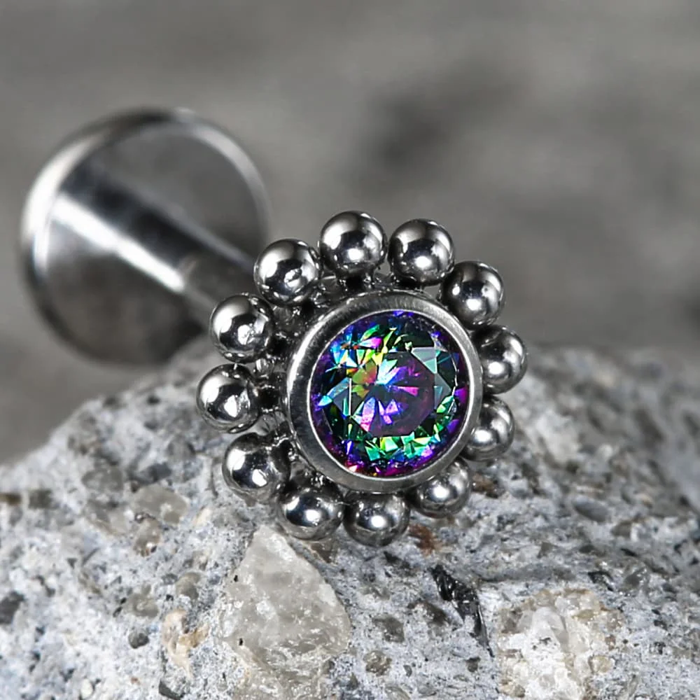 Casvort 1 Stück ASTM F136 Titan Runder Sonnenstrahl-Lippenring mit Innengewinde, flacher Rückseite, Labret, klare Regenbogen-Zirkonia-Knorpel-Ohrstecker – Detail 4