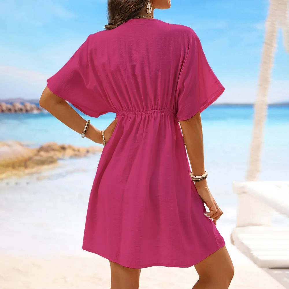 2025 Hot Sale Women's Solid Color Swim Cover Up Sexy Lace Bikini Beach Dress Tunic V Neck Sarong Wrap Summer Ice Silk  Beachwear