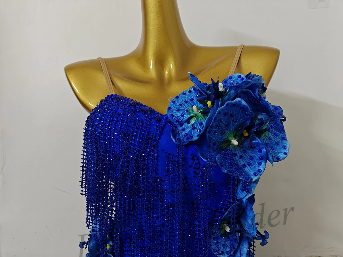 Traje de dança latina, strass, vestido estilo azul personalizado de alta qualidade para mulheres, adultos e crianças, vestido de performance de samba