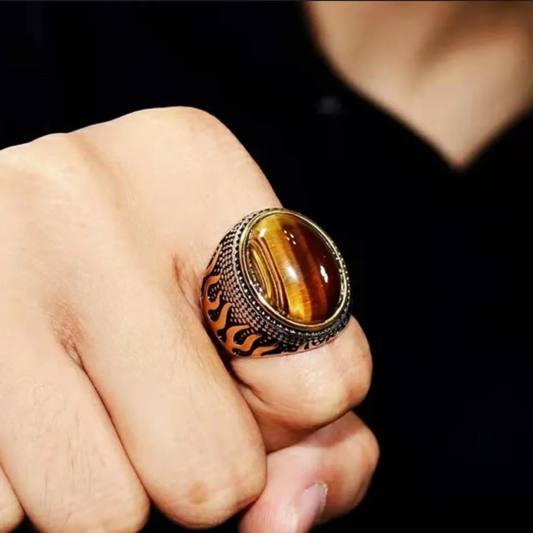 DIY accessories Fashion retro style texture tiger's eye stone personality domineering ring, gold and silver old two-color flame