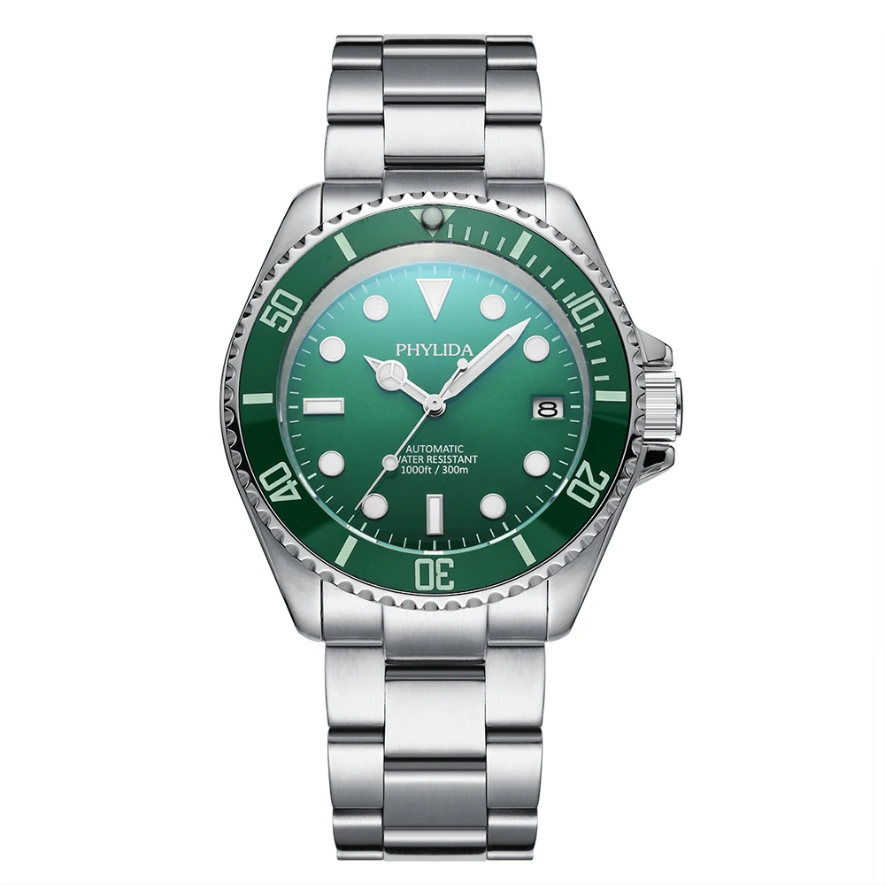 

PHYLIDA 42mm Men's Diver Watch Automatic nh35 Movement Green Dial Sapphire Crystal Sub Style Skx007 compatible