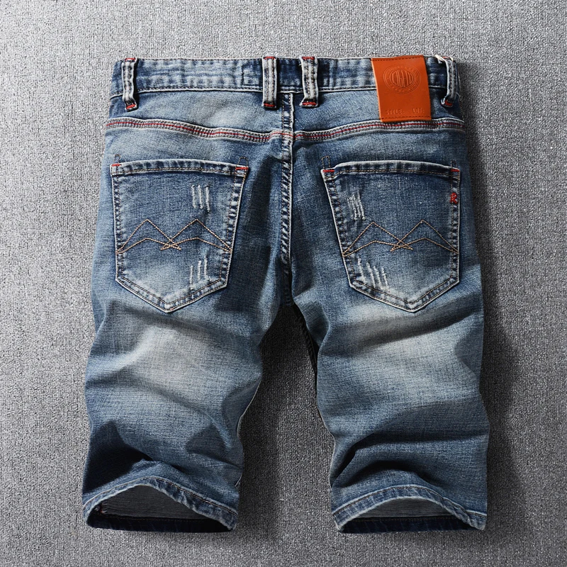 Newly Summer Fashion Men Jeans Retro Blue Embroidery Designer Short Ripped Jeans Homme Vintage Patchwork Casual Denim Shorts Men