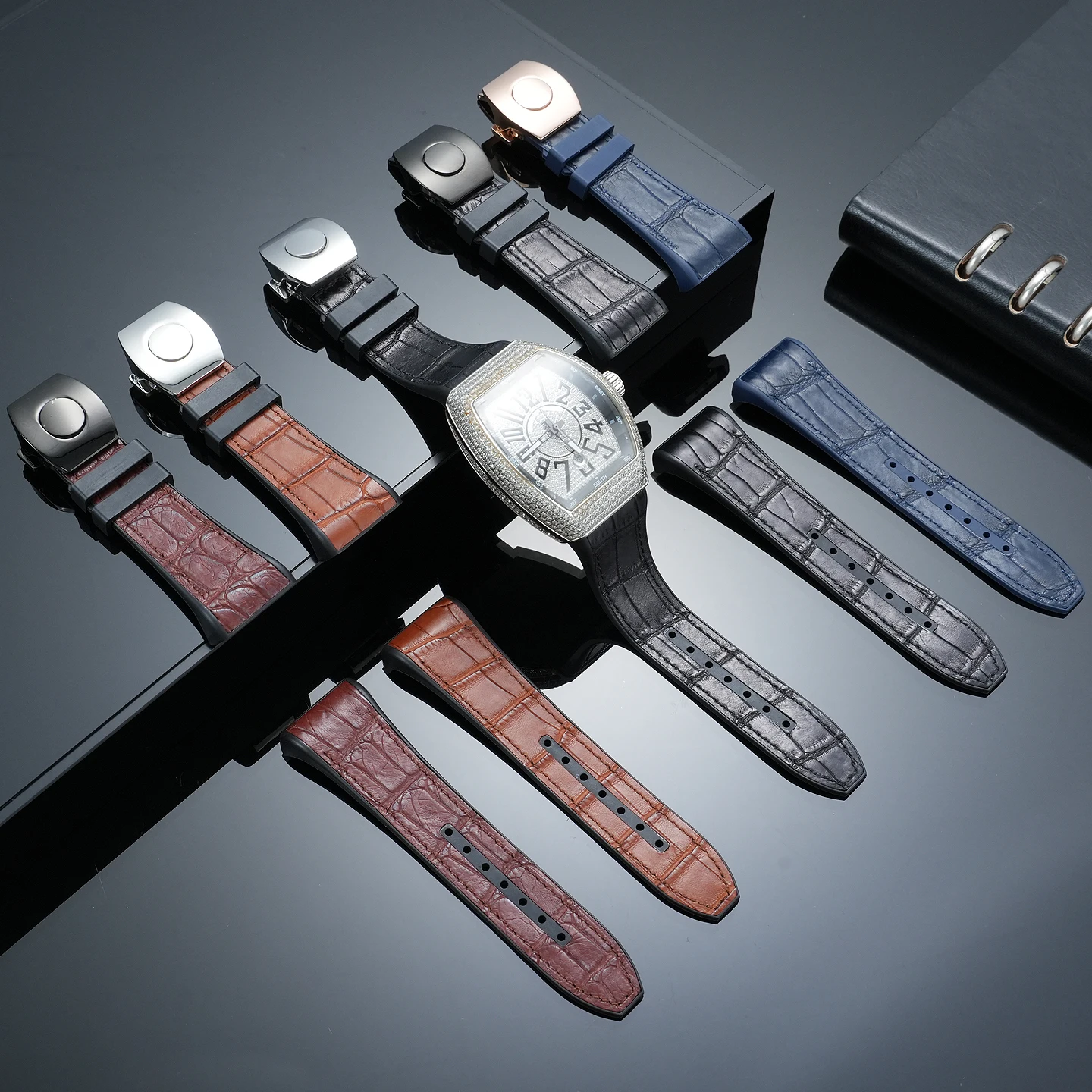 FM Watch Strap for Barrel-Shaped Yachts—Genuine American Alligator Leather with Fluor rubber for Franck Muller V45 8880