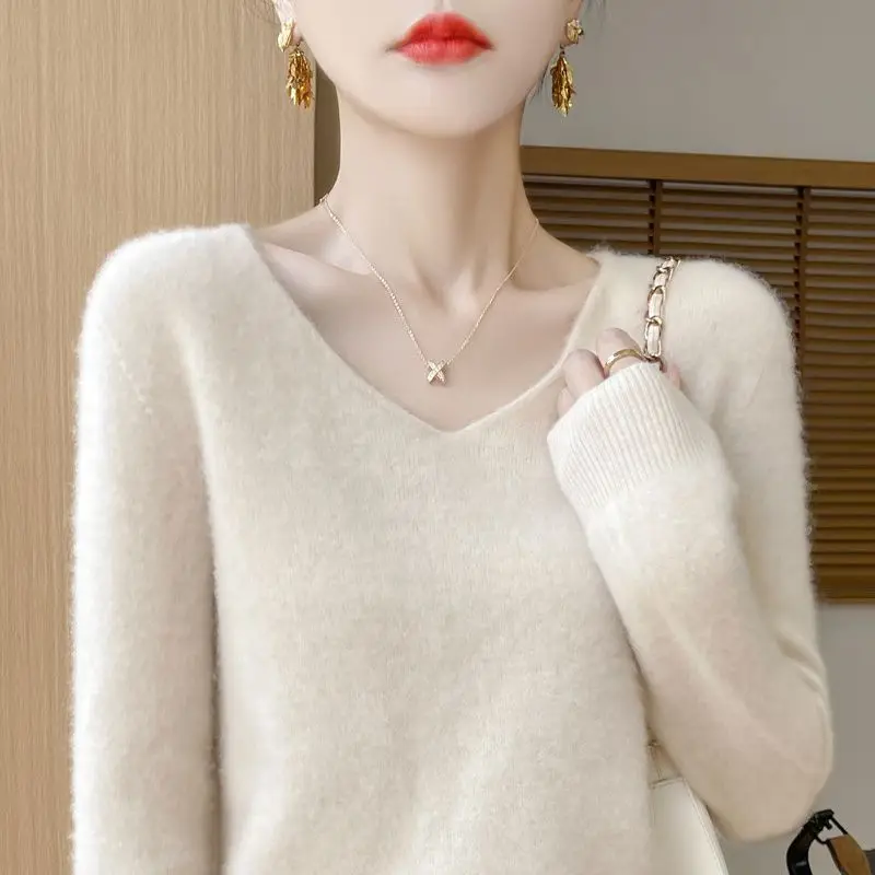 

Women Autumn Winter Simplicity Loose Solid Color V-neck Long Sleeve Cardigan Women Clothes Elegant Temperament Bottoming Shirt