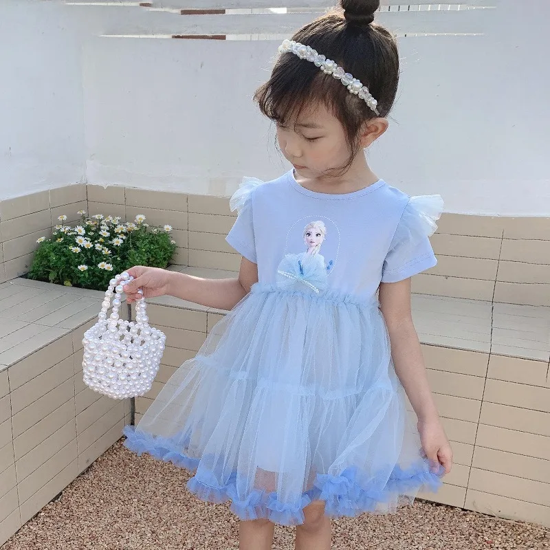 2024 Girls Elsa Dress Summer Dress New Children\'s Frozen Princess Dress Baby Mesh Puff Dresses Girl Short Sleeve Party Clothes