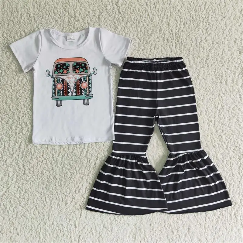 

Promotion Children Boutique Baby Girls Clothing Short Sleeves Bus T-shirt Tee Set Kid Striped Bell Bottom Pants Toddler Outfit