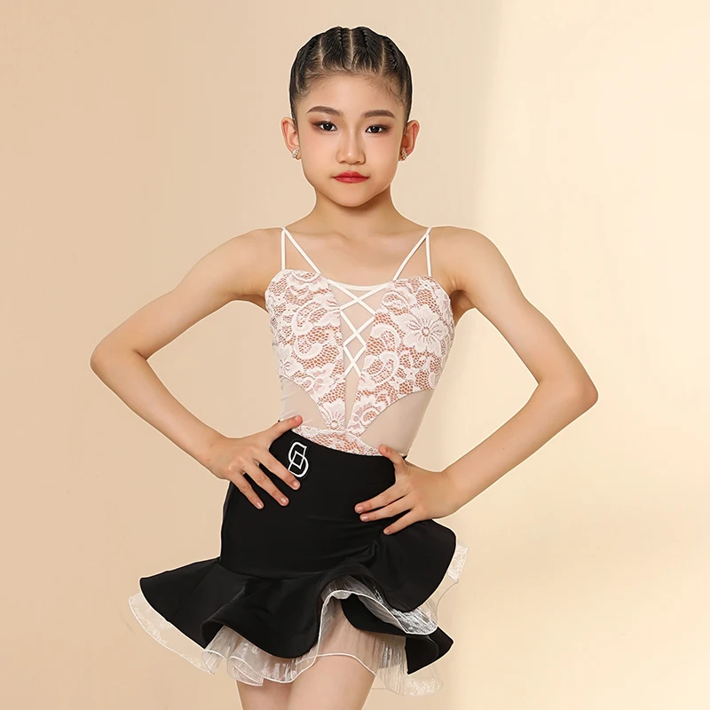 Kids Latin Dance Dress Girls White Lace Bodysuit Tops Black Skirt Latin Competition Rumba Cha Cha Dance Practice Clothes JL5573