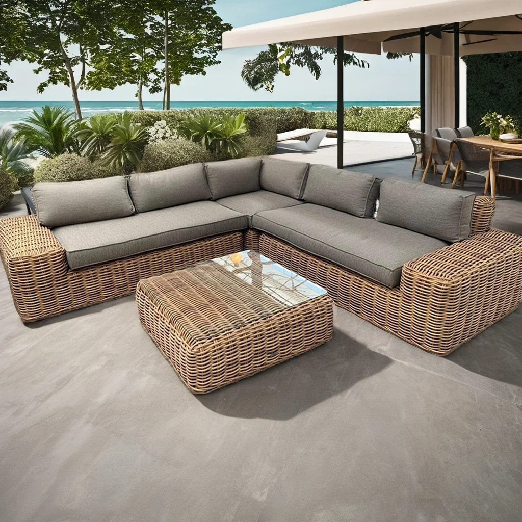 Factory Sale High Quality Outdoor Courtyard Metal Frame Rattan Wicker L-shape Garden Sofa Set
