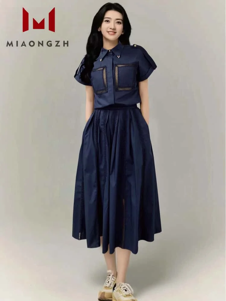 

Fashion Loose Hollow Out 2 Pieces Set For Women Turn Down Collar Short Sleeve Shirt Top Temperament Casual Skirt Ladies New Suit