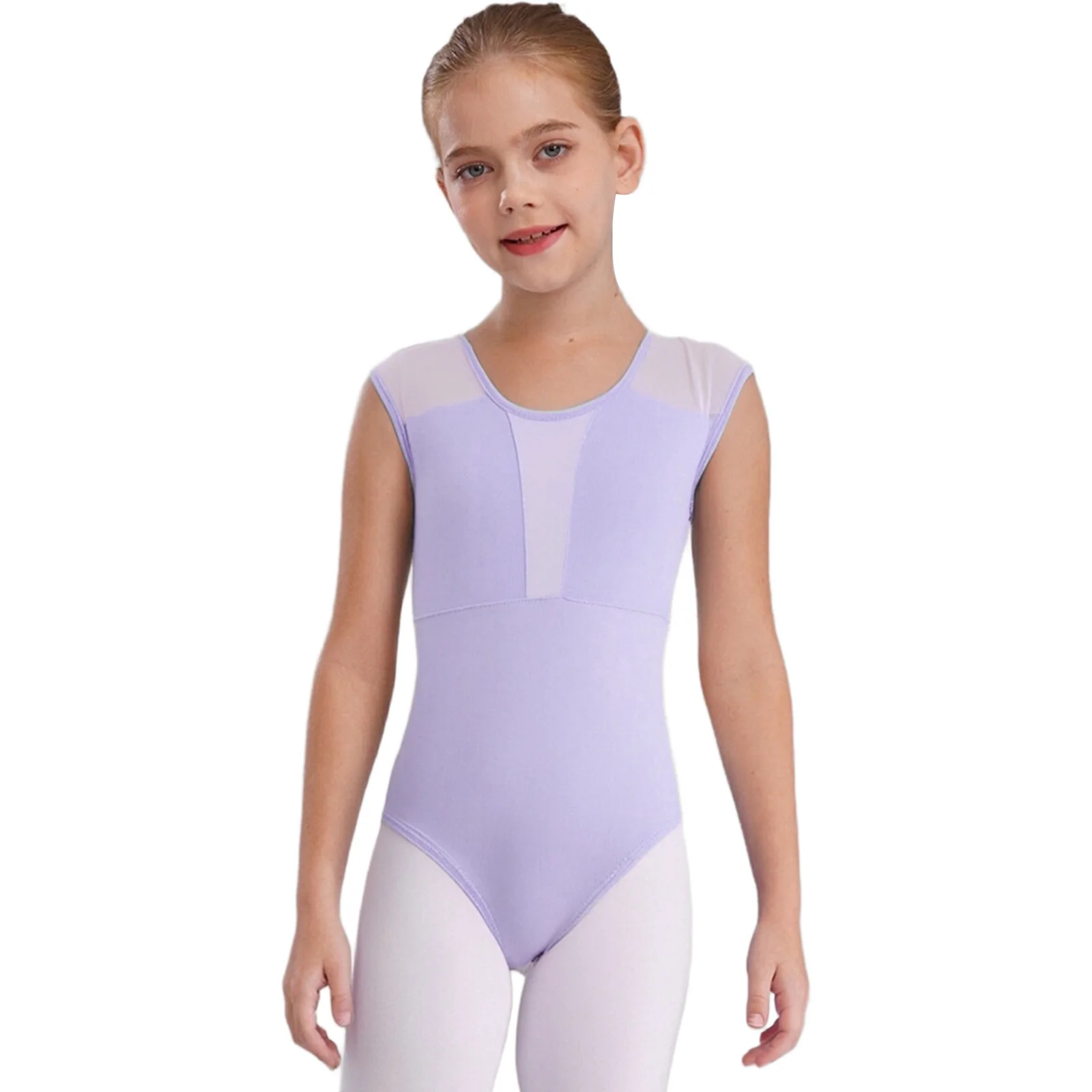 

Kids Girls Ballet Leotard Sleeveless Keyhole Back Sheer Mesh Patchwork Press Button Crotch Dance Bodysuit Gymnastics Dancewear