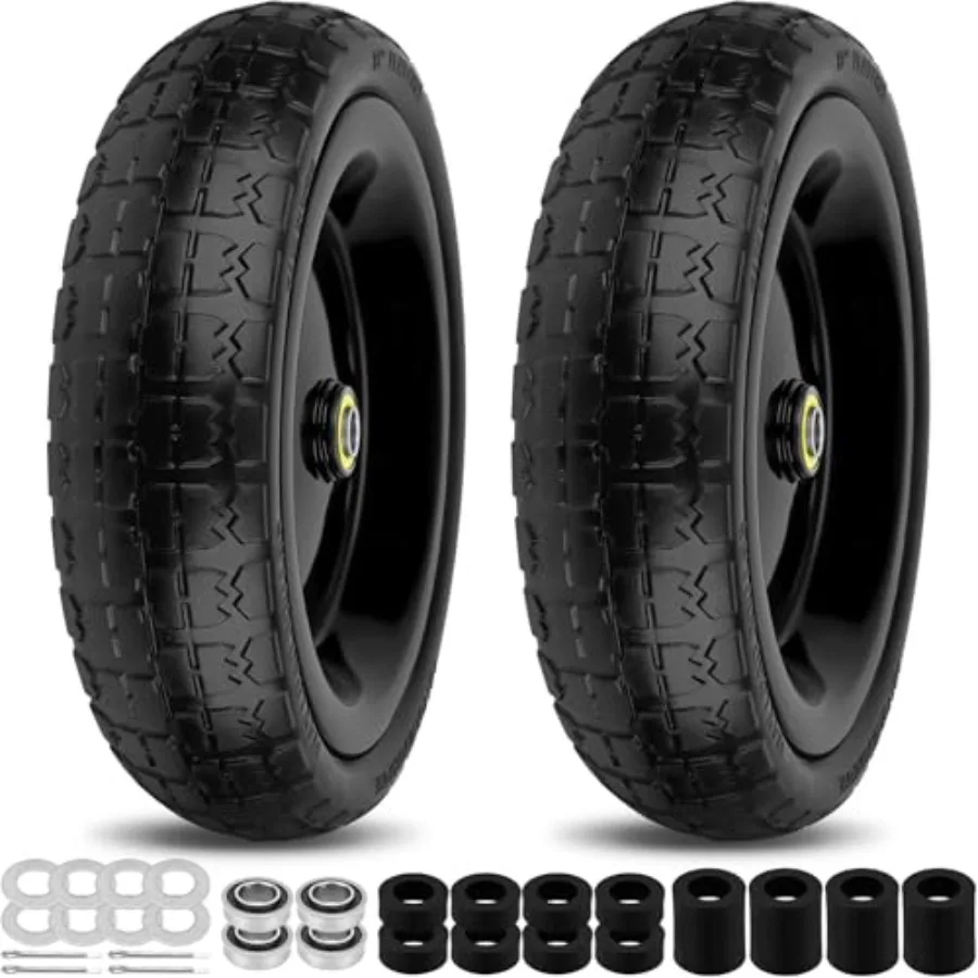 

13 Inch Flat Free Wheels Tires 4.00-6 Solid Replacement with Universal 5/8" Axle Bore Hole 8 Spacers and 4 Pins for Wheelbarrow