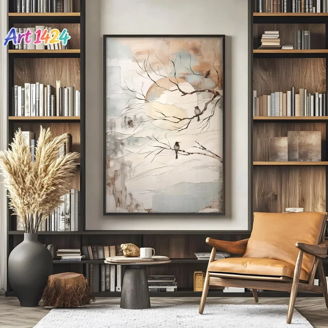 Serene Mixed-Media Nature Wall Print Decor - Textured Collage-Style Painting of a Glowing Sun/Moon Behind Bare Tree Branches,