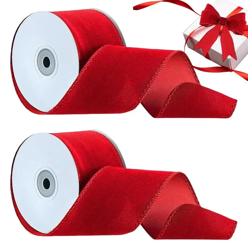 2 Rolls Packaging Wired Velvet Red Ribbon Double-Sided Christmas Velvet Ribbon Crafts Supplies Wide Ribbon for Handmade Bow