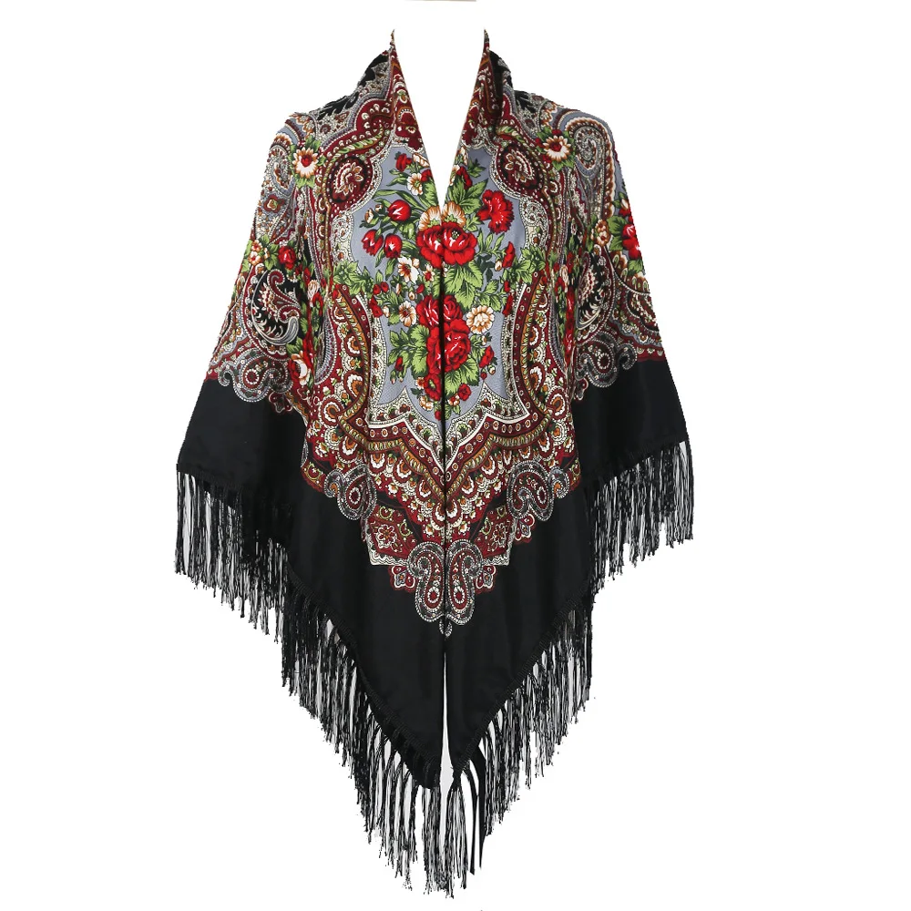 160*160cm Russian Style Square Scarf Retro Floral Printed Ukrainian Shawl Babushka Bandana Handkerchief Big Size Fringed Shawls