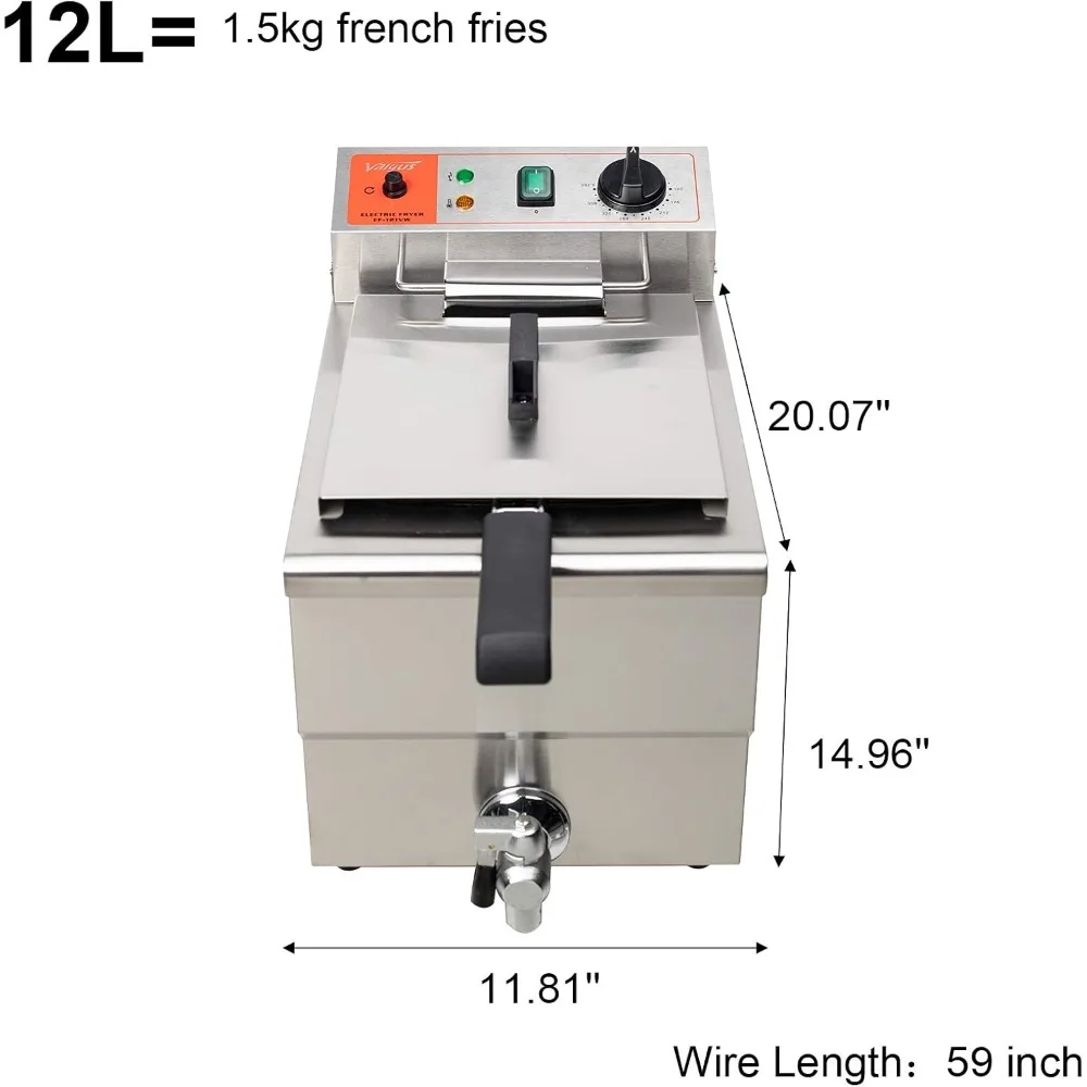 1750W Stainless Steel Electric Deep Fryer 12L Large Capacity Countertop Kitchen Frying Machine with Basket & Lid, Drain System