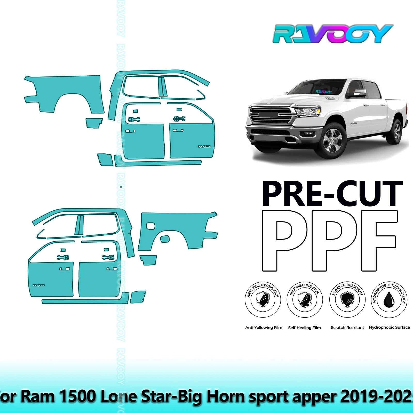 

For Ram 1500 Lone Star-Big Horn sport apper 2019-2025 8.5mil Pre-Cut PPF Door & A/B Pillar Kit TPU Paint Protection Film Set