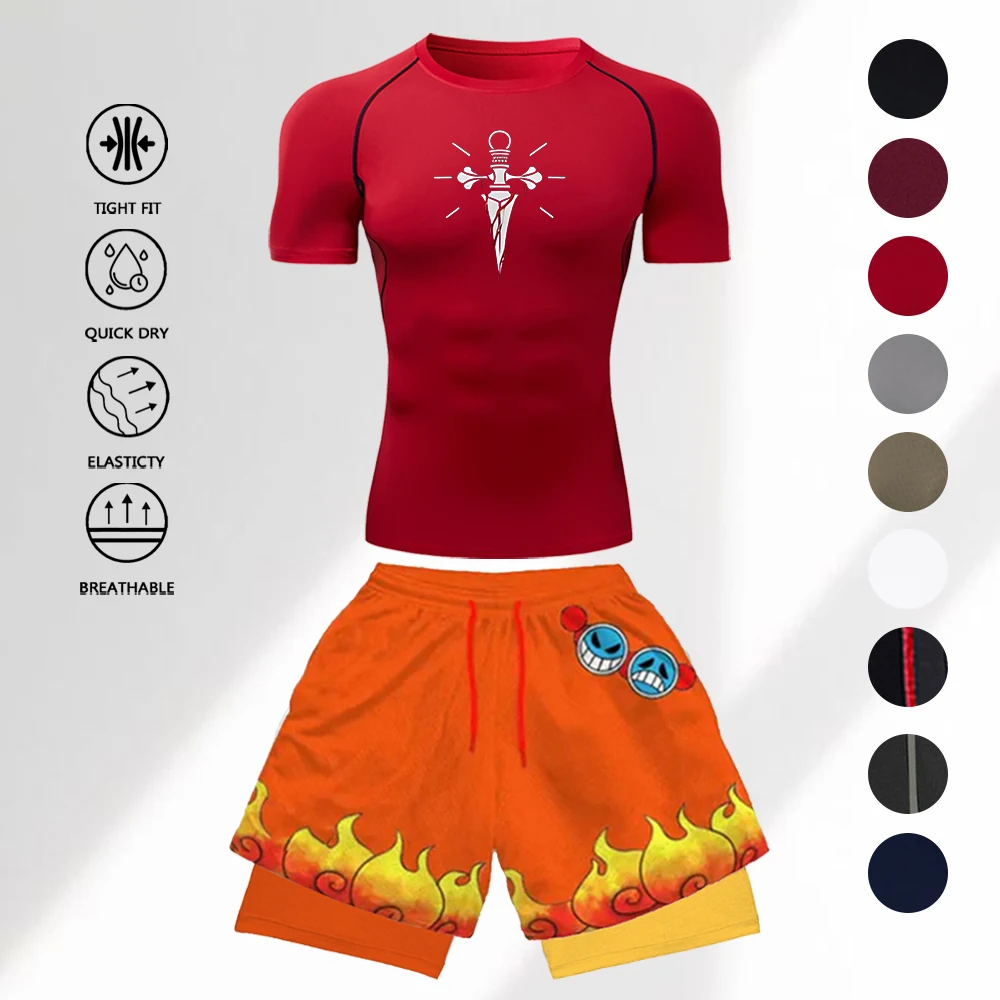 

2Pcs Men's Workout Compression Outfit Anime Dagger Symbol Print Fitness Tight Tee + 3D Double Layer Shorts Quick Dry Sportswear