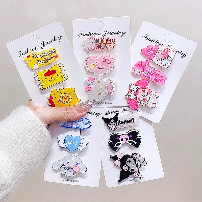 

3pcs/set Adorable Hello Kitty Hairpin Girl Heart Hairpin Cinnamoroll Bangs with Broken Hair Edge and Sweet Duck Beak Hairpin