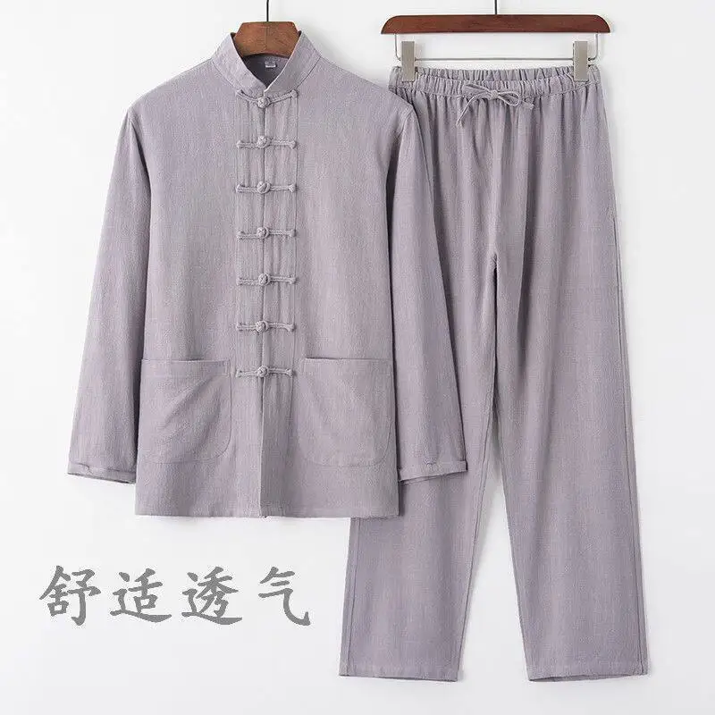 Men's Cotton And Linen Long-sleeved Stand-up Collar Retro Disc Buckle Tang Suit Middle-aged And Elderly Long-sleeved Trousers