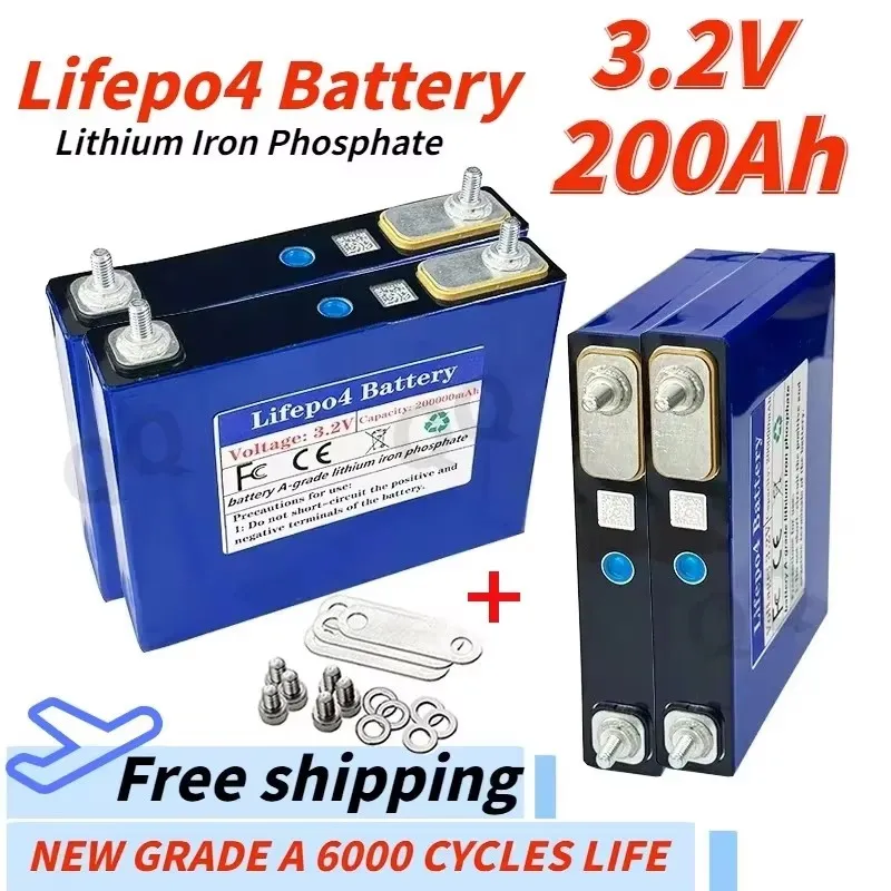 LifePO4 200Ah  Rechargeable Lithium Iron Phosphate Battery Off Grid Solar System 3.2V Suitable for Ships Golf Carts UPS Motor