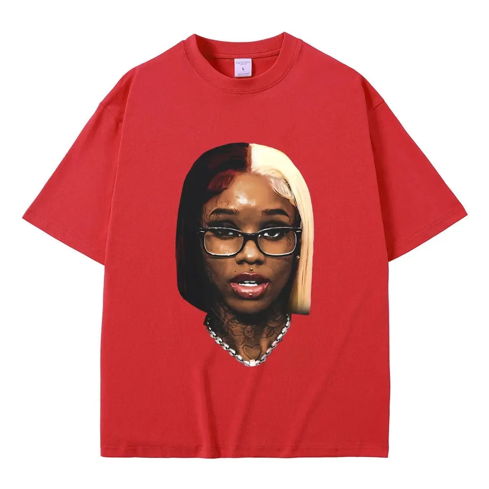 Camiseta de Hip Hop vermelha sexy masculina e feminina, rapper, Nicki Minaj, rosto, estampa gráfica, camiseta casual de grandes dimensões, moda masculina, tendência Streetwear