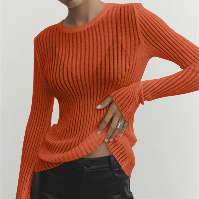 2026 European And American Spring And Summer New Hot-selling Models, Long-sleeved Round Neck Thin Breathable Knitted Top