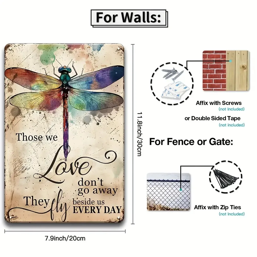 2D Flat, 4pcs Vintage Dragonfly Metal Wall Art Set- Antique Dragonflies& Dandelion-like Insect Signs With Song Lyrics Phrases
