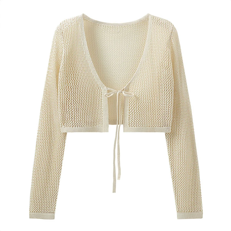 Laço frontal colheita topo manga longa pura malha aberta cardigan blusas cobrir verão primavera feminino adolescente y2k 90s outfit