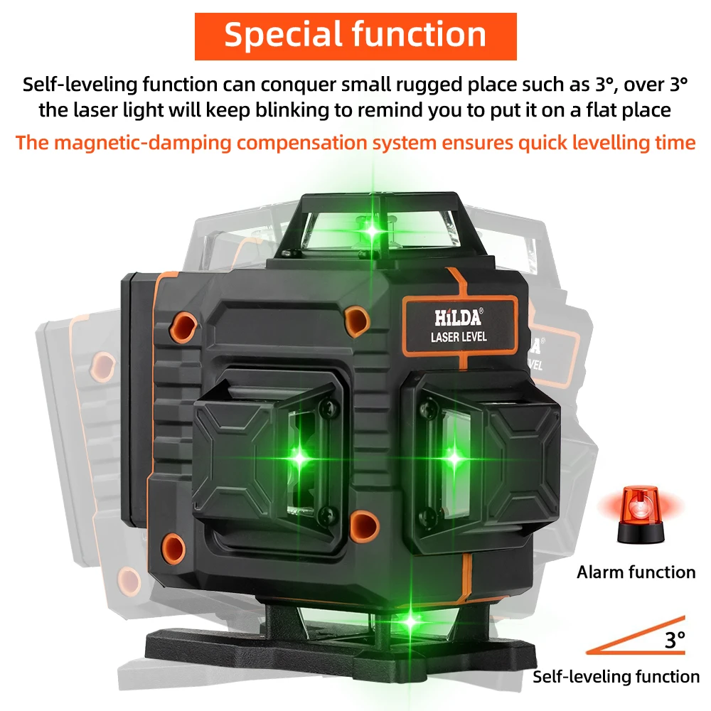 HILDA 4D 16 Lines Laser Level With Battery Display  Self-Leveling 360 Horizontal And Vertical Cross Super Powerful Green