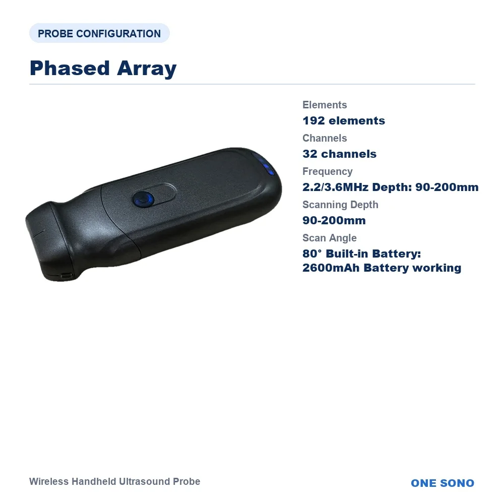 6PA Wireless Handheld Ultrasound Probe, Phased Array, 192 Elements, 32 Channels, 2.2/3.6MHz, for Cardiac, Lung & Pleura