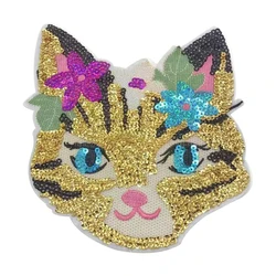 1 Piece of Sequin Cartoon Golden Cat Embroidered Patches Fabric For Clothing Backpack Accessories Sewing Crafts Supplies 19*20CM
