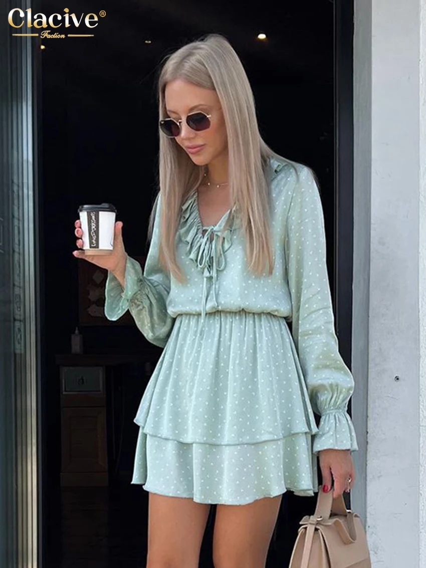 

Clacive Fashion Loose Print Women's Dress 2024 Sexy V-Neck Long Sleeve Mini Dresses Elegant High Waist Pleated Female Dress