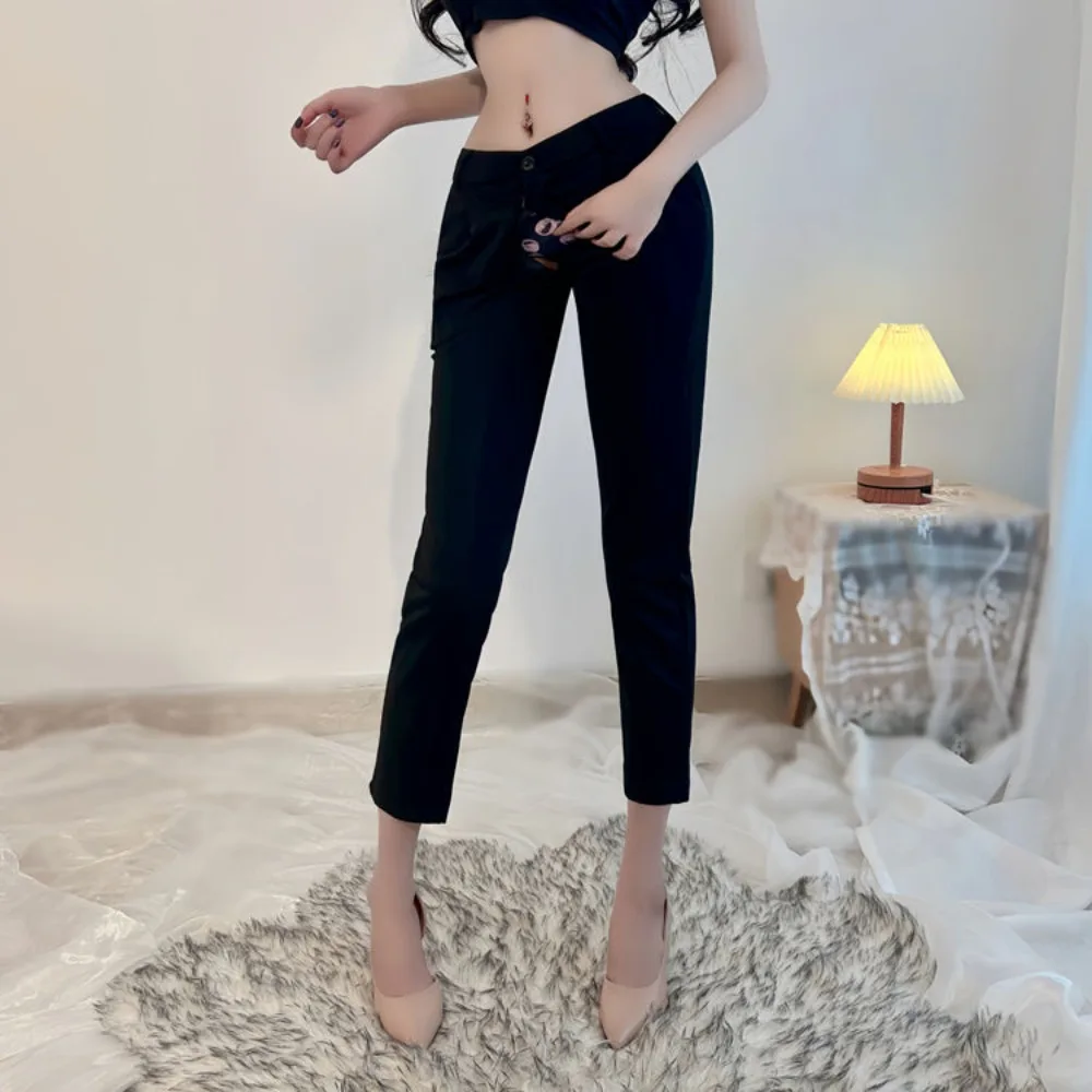 Summer Outdoor Sex Open Crotch Leggings Workplace Suit Pants Women's Zipper Erotic Date Harem Blazer Casual Tailored Trousers