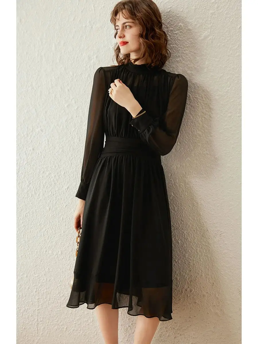 LOUIS YAO Women Dress 2024 Spring and Summer Stand Collar Long Sleeve Retro Casual Elegant Silm Fit Long Black Dress for Women