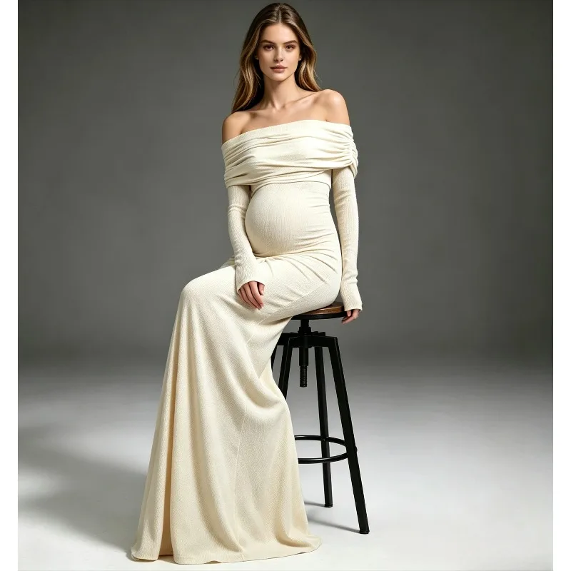 Off Shoulder Maternity Gown Long Sleeve Ruched Belly Maxi Dress, Stretch Bodycon Mermaid Photoshoot Dress For Baby Shower Party